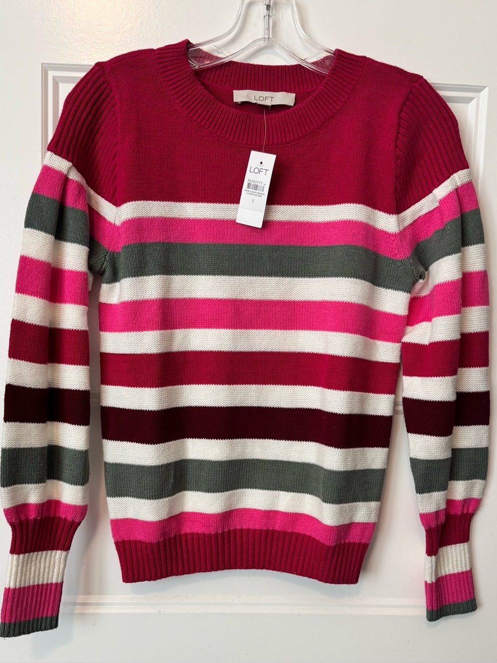 NWT LOFT Striped Crewneck Sweater Pink Burgundy Gray Long Sleeve Small